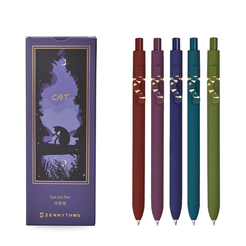 

5pcs Mysterious Cat Gel Pens Set Gold Stripe Tail Clip Black Color Ink for Writing Unique Gift Office School A7135
