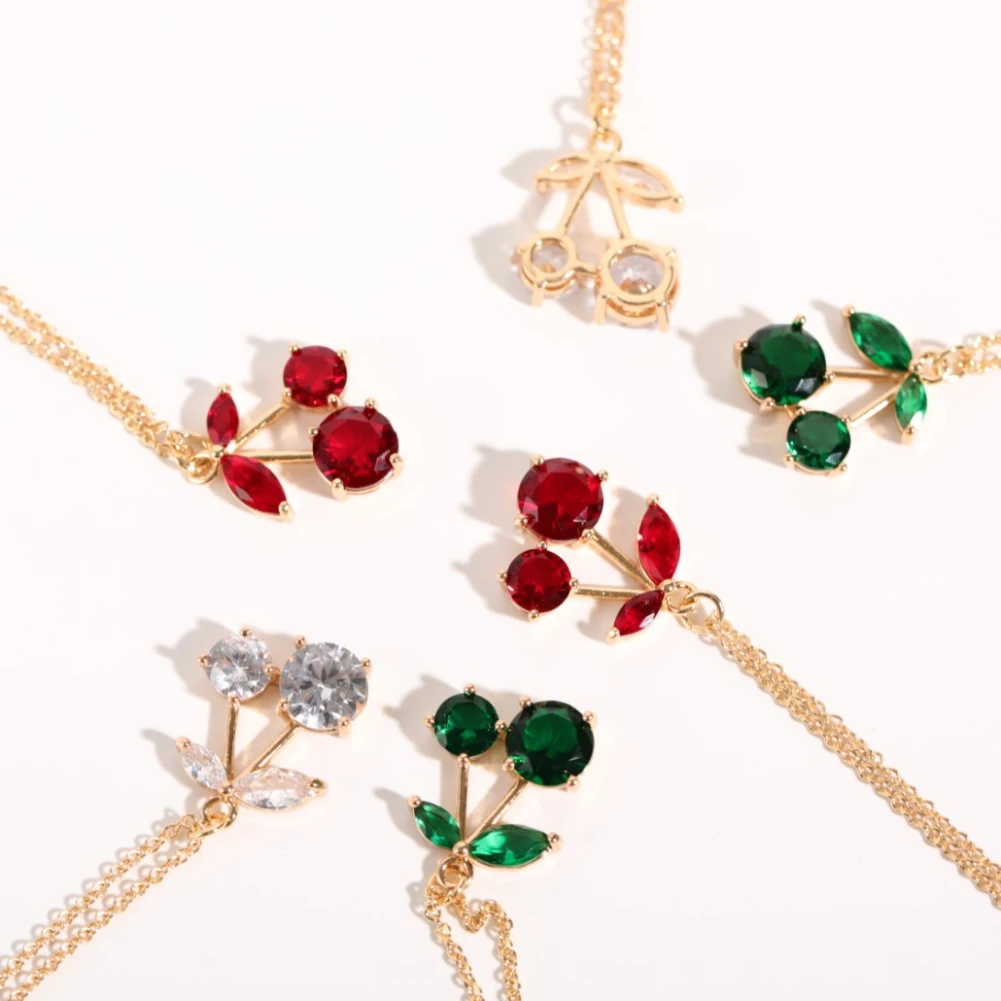 

Cute Romantic Cherry Leaves Element Embedded Rhinestone Pendant Necklace Copper Plated Gold Girls Choker Women Jewelry Gift