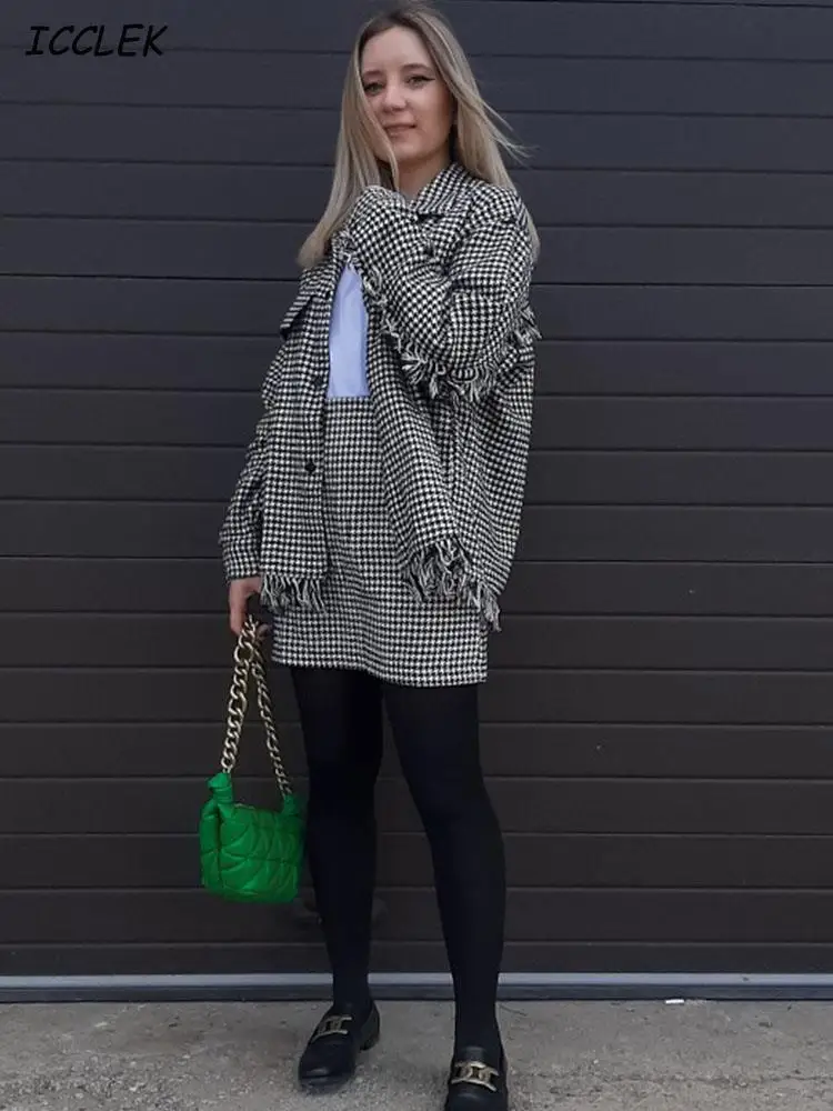 Women Shirts Oversize Houndstooth Jacket coats With Pocket Female Vintage Plaid Jacket Spring Tassel Coat TRF Mujer 2021 New
