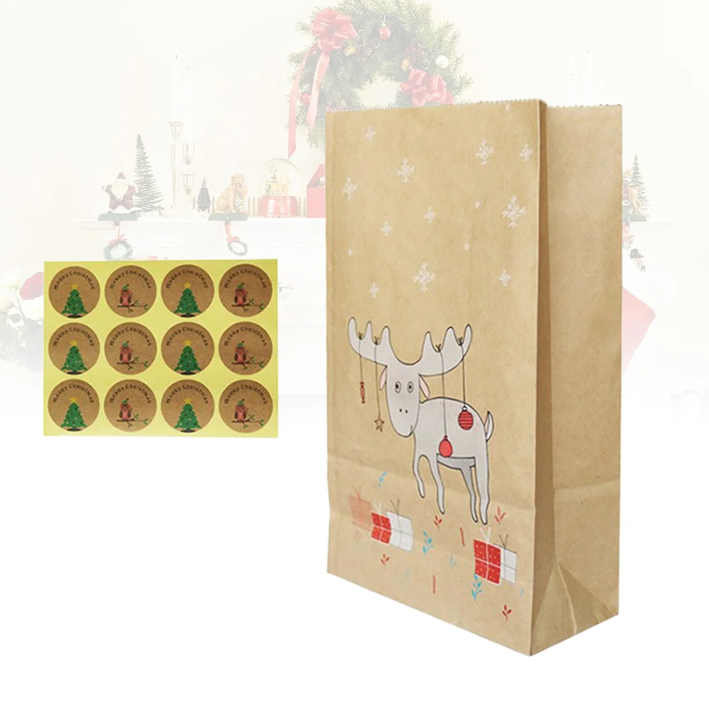 

12PCS Kraft Paper Bags Reindeer Pattern Printing Christmas Gift Bags with 12 Sealing Stickers