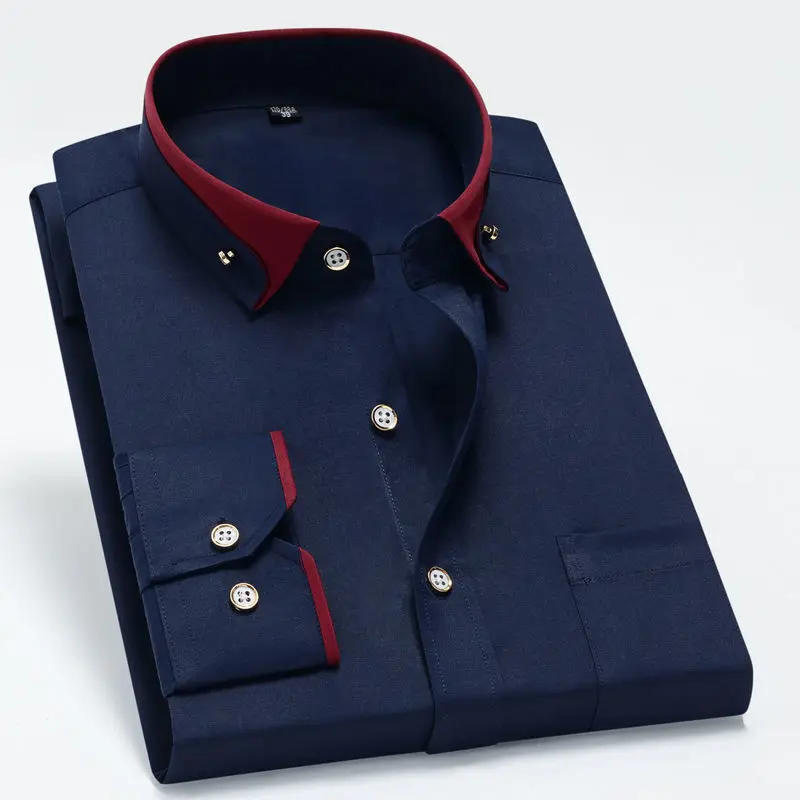 2022 New Spring and Autumn Korean Long Sleeve Double Neck Shirt Business Casual Slim Solid Breathable Middle Aged and Youth Shir