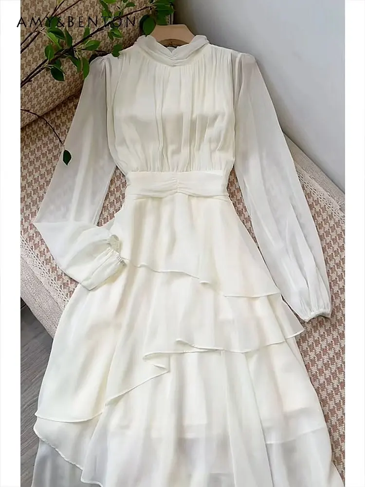 2023 Spring Autumn New High-Grade French Style White Dress Lady Temperament Long Sleeve High Waist Mid-length Dress