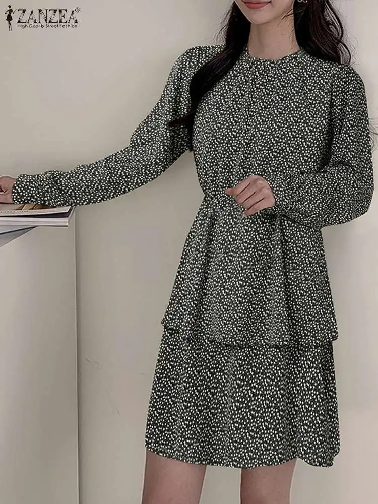 

Женское модное мини-платье ZANZEA, элегантное корейское короткое платье с цветочным принтом и оборками на подоле, повседневное вечерние чное п...