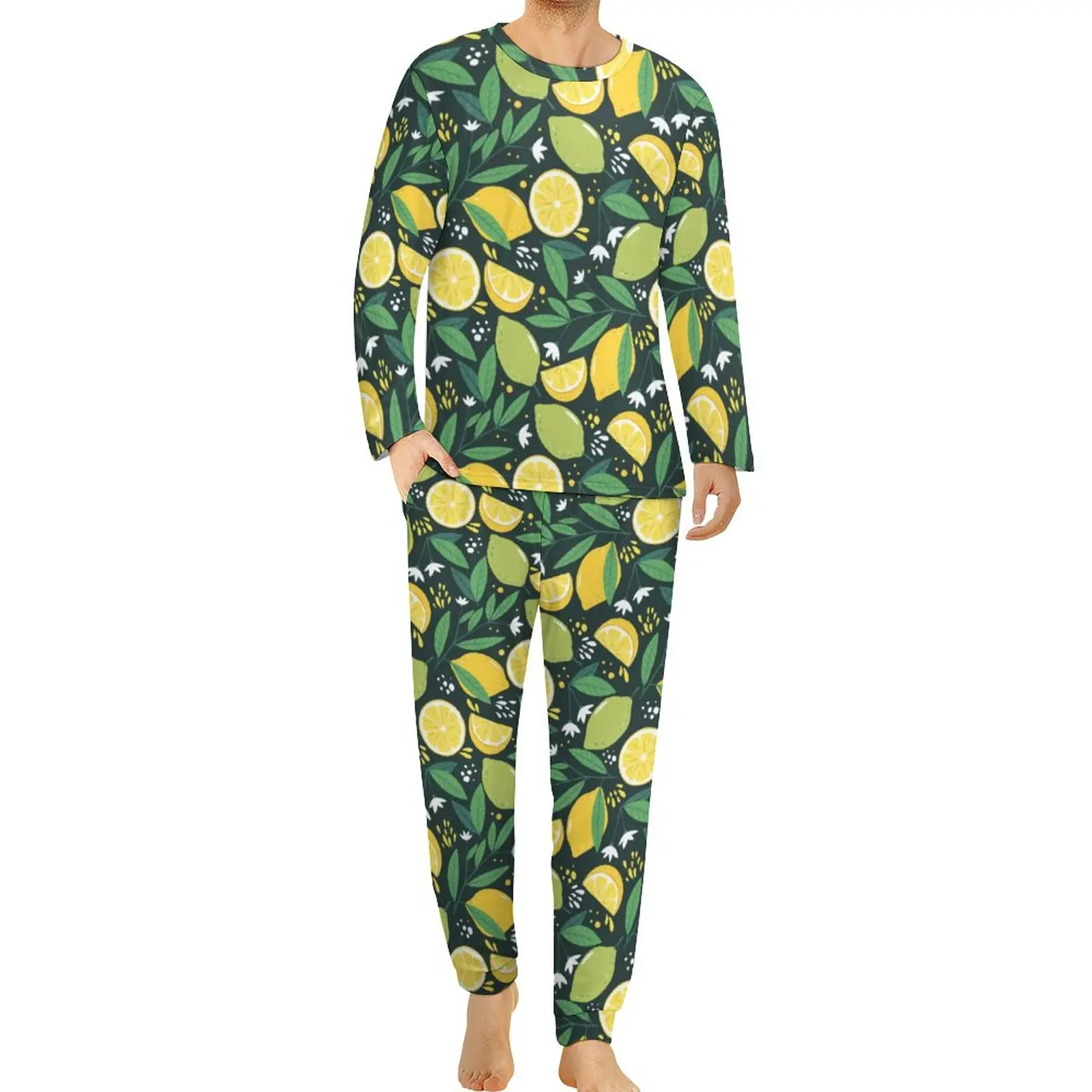 Yellow Lemon Print Pajamas Long-Sleeve Green Lime Fruit 2 Pieces Casual Pajamas Set Spring Man Fashion Oversized Sleepwear