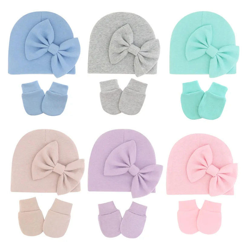 

Cute Solid Bow-knot Baby Hat Gloves Set Autumn Winter Warm Cotton Beanies Cap Newborn Baby Girl Boy Hospital Hat Accessories