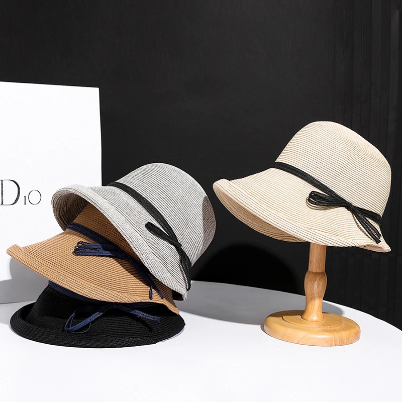 

Hepburn Style Straw Hat Women Curly Edge Sun Hat Summer Wide Brim UV Protection Cap Dome Bow Fisherman Hat Casquette Femme Luxe