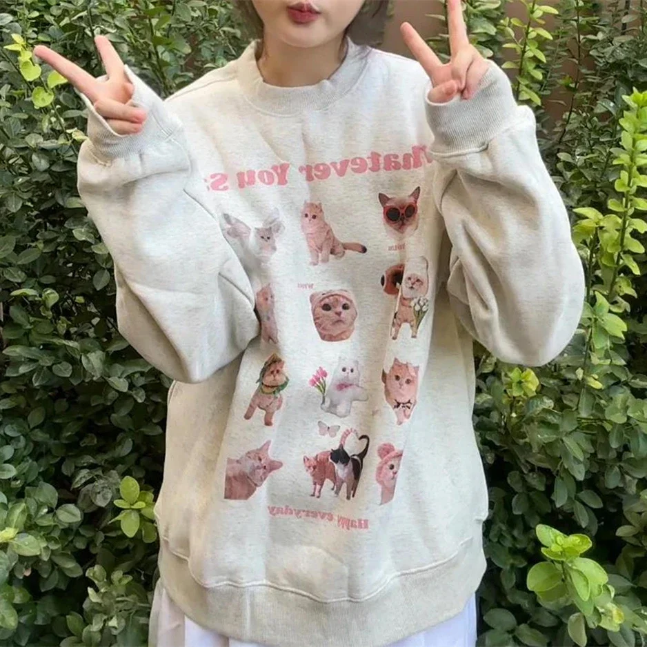 

Уличная одежда в стиле Харадзюку, свитшот с принтом милого кота для мужчин и женщин, Повседневная Свободная Милая одежда в стиле хип-хоп с длинным рукавом в Корейском стиле