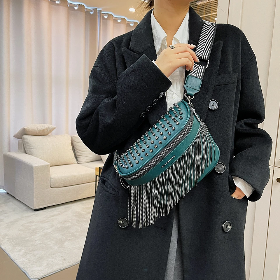 

Tassel Rivet Design Women's Chest Bags Large Capacity Casual Waist Bag Solid Cell Phone Shoulder Crossbody Bag and Purses 2022