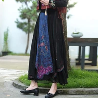 2022 vintage women cotton linen skirt flower embroidery ethnic style patchwork elastic waist midi skirts chinese national skirt
