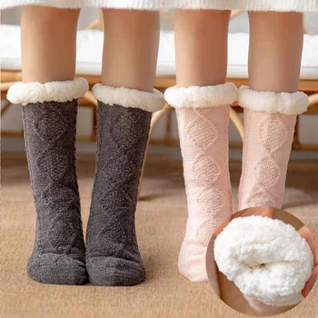 Winter Floor Socks Thickened Woven Thermal Cashmere Socks Women's Carpet Home Socks Plus Velvet Sleep Socks Slippers Leg Cover