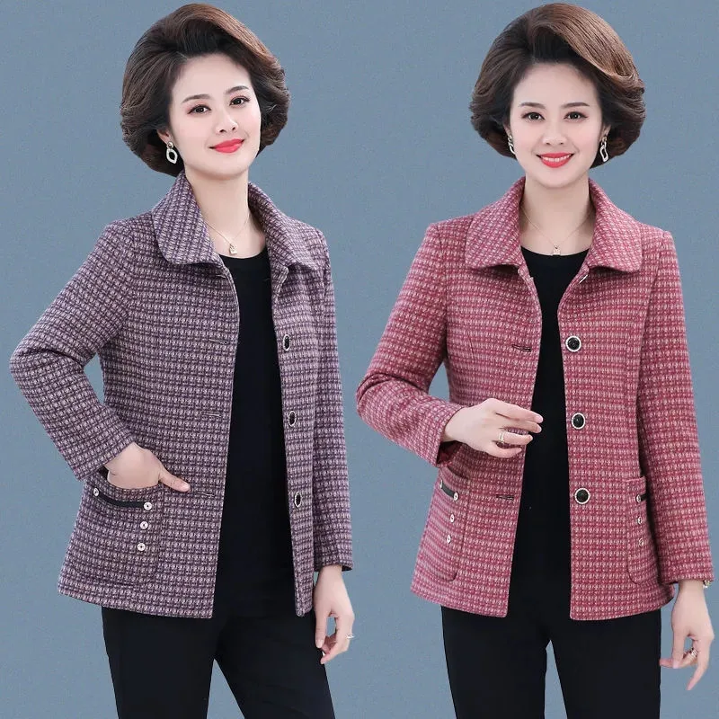 

Women Wool Blends Coat Autumn 2022 Fashion Mother Plaid Slim Short Woolen Outerwear Tops Overcoat Middle Aged Female Wool Jacket