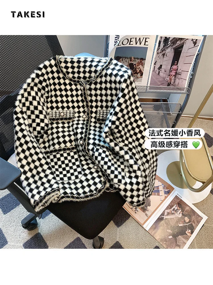 

Korean Style Vintage Casual Jacket Women French Elegant Luxury Turndown Collar Plaid Long Sleeve Coat High Quality Outwear