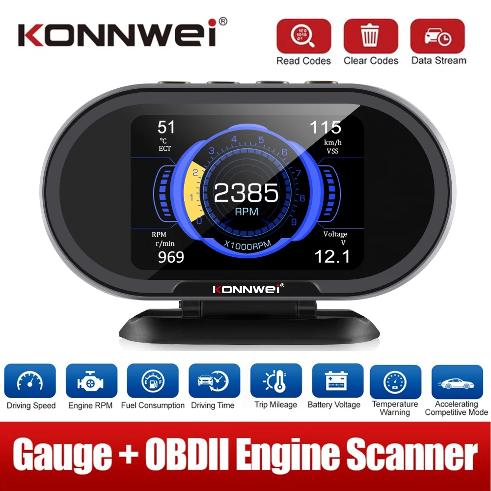KONNWEI KW206 OBD 2 сканер, Автомобильный цифровой бортовой компьютер, дисплей, датчик расхода топлива, температуры воды, спидометр