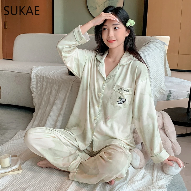 SUKAE M-5XL Autumn Winter Woman Pajamas Set Lady Home Clothes Faux Cotton Nightwear Lapel Pjs Fashion Turn-down Collar Sleepwear