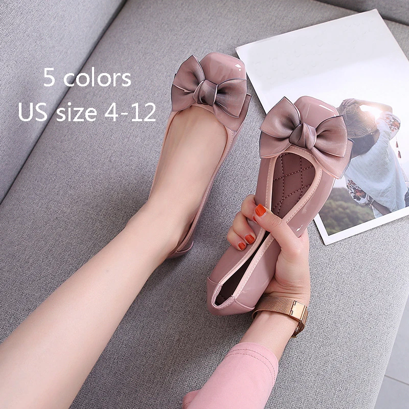 

Large Size Flats square toe patent leather bow women's pumps oxford sole fashion Ballerina shoes Comfortable sweet