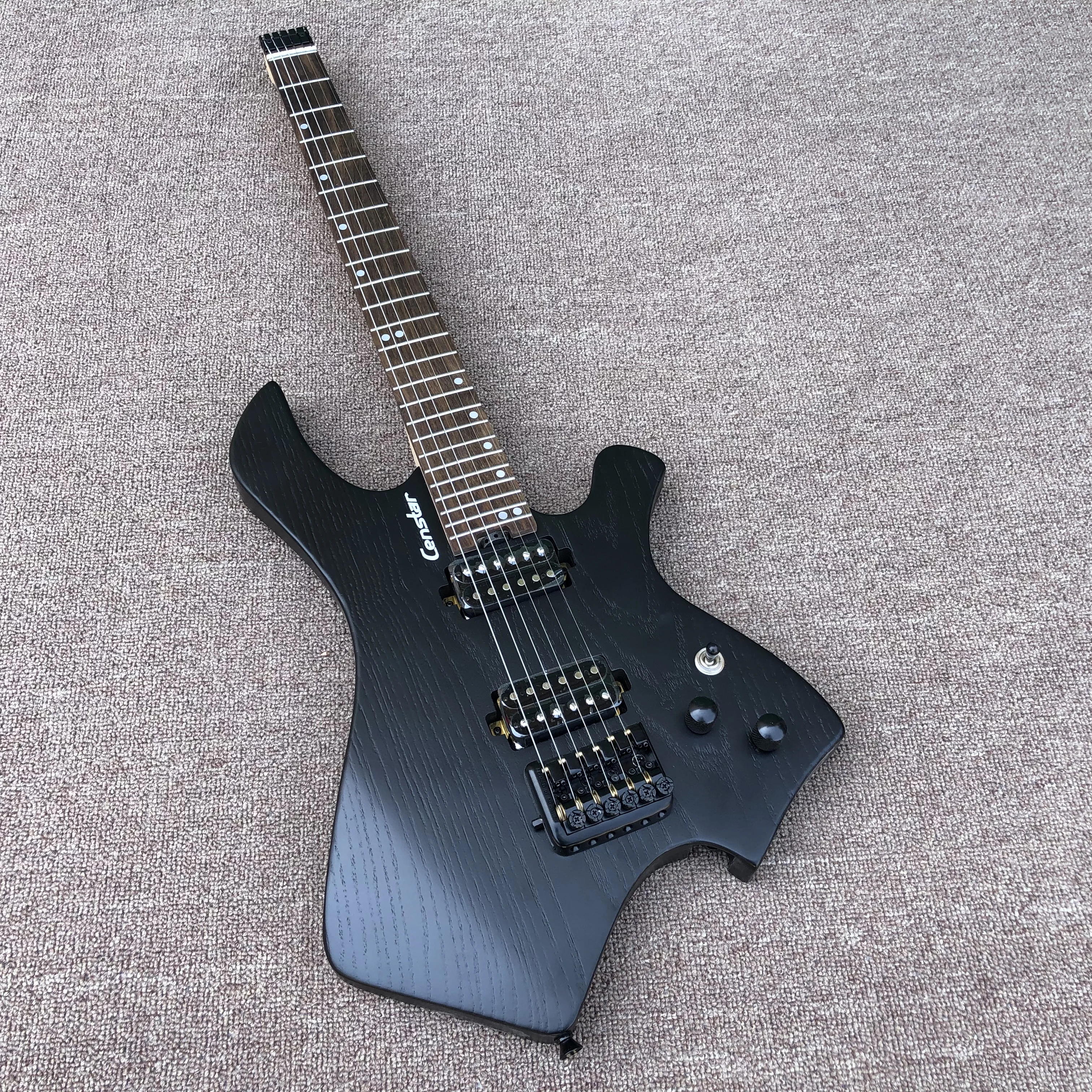 

High-end portable headless travel electric guitar, Ash body, charcoal 5 neck, matte black, round head stainless steel wire, free