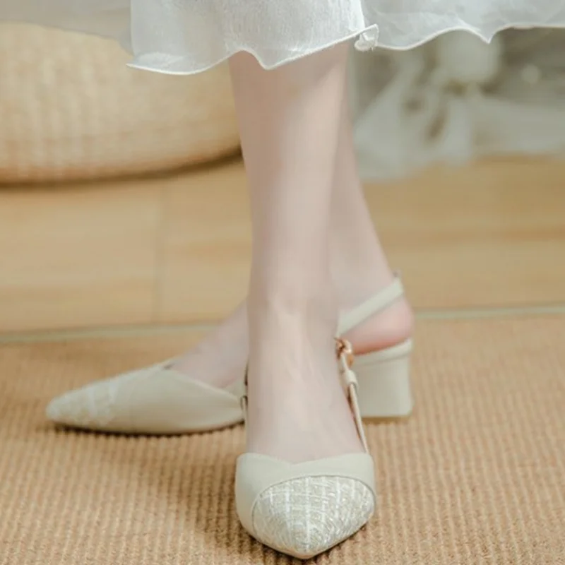 

Новинка, женские сандалии на толстом каблуке с острым носком, летние модные простые и элегантные классические туфли на высоком каблуке с пряжкой