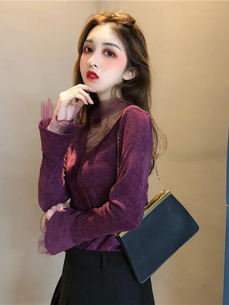 

Повседневная осенне-зимняя ажурная нижняя рубашка, повседневные Лоскутные сетчатые топы с глубоким V-образным вырезом и длинным рукавом, но...