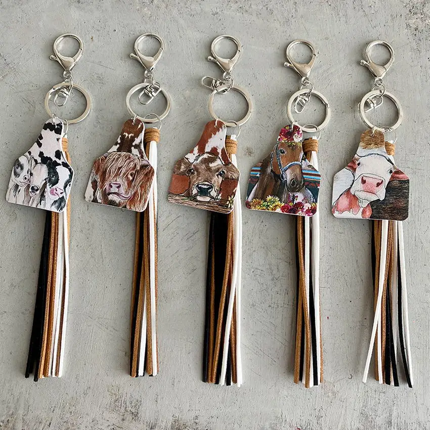 Cow Print Cattle Tag Keychain Western Farm Animal Cow Show Tag and Tassel Key Rings Key Fob Cowgirl Jewelry Wholesale