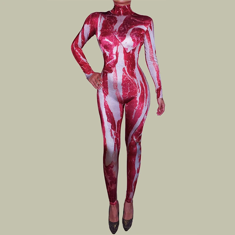 

Sexy Meat Pattern Stretch Jumpsuit Nightclub Bar DS Dancer Rompers Halloween Cosplay Gogo Costumes Women Pole Rave Outfit XS4575