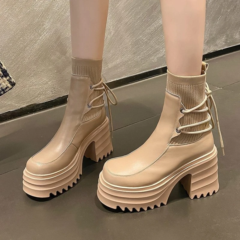 

New Women High Heels Ankle Boots Bottines Chelsea 2022 Autumn Winter Platform Botas Pumps Chunky Motorcycle Boots Ladies Shoes