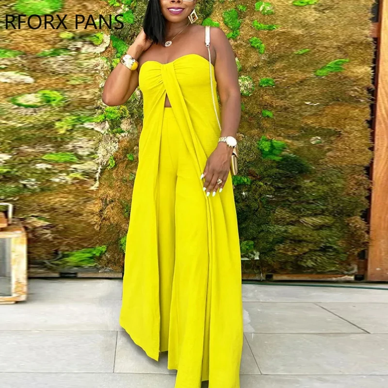 

Women Solid Strapless Asymmetrical X-Long Silt Tops & Straight Leg Bottom Two Pieces Sexy Pants Sets