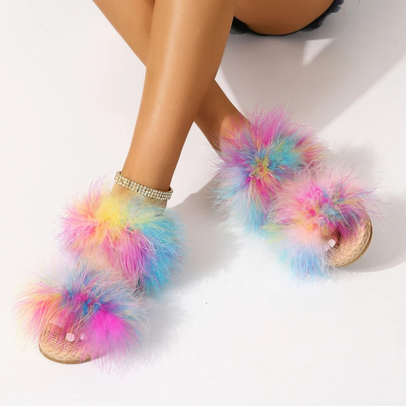 Summer Vacation Shoes Woman Tie Dye Pink Feather Slippers Ladies Fashion Bright Color Beach Pool Slide Sandals Plus Size 36-43