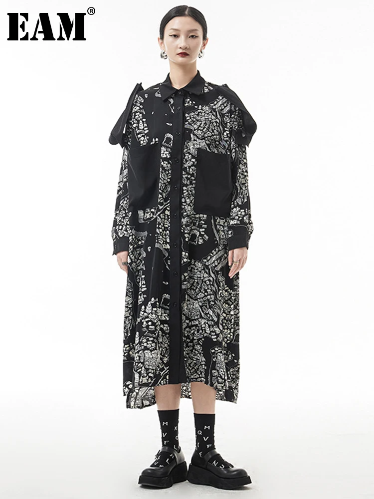 

[EAM] Women Dot Printed Big Size Long Shirt Dress New Lapel Long Sleeve Loose Fit Fashion Tide Spring Autumn 2022 1DE6346