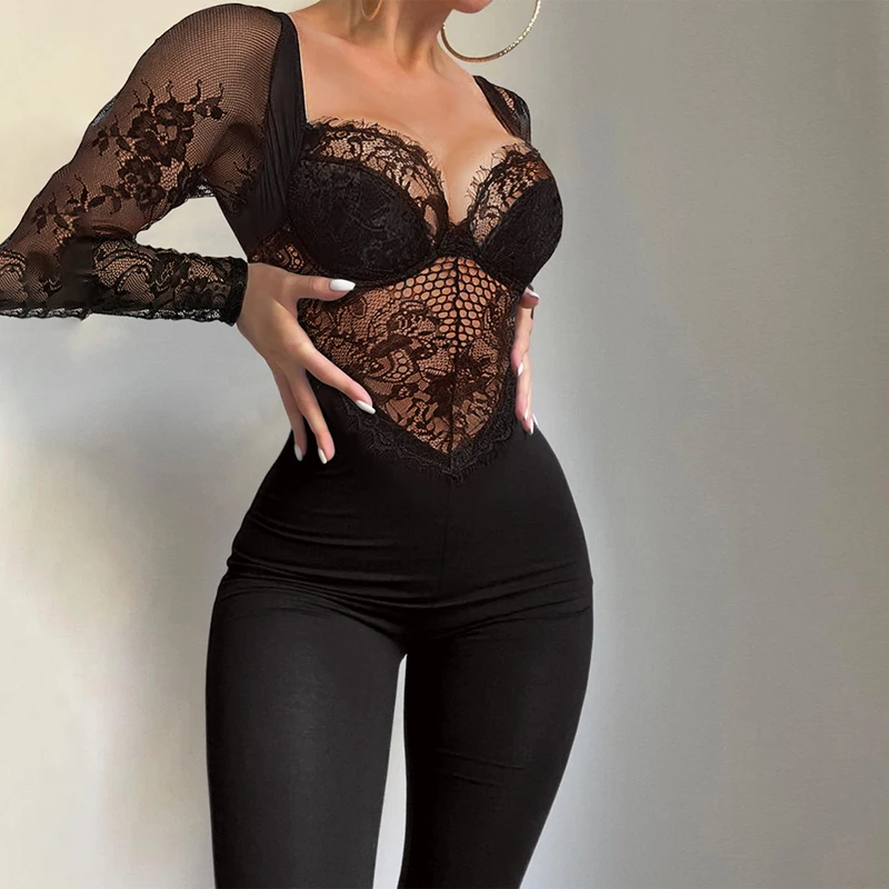 

Women Jumpsuit Hollow High Waist Zipper Asymmetric Sexy One-shoulder Long-sleeved Slim Lace Home Spring Autumn Black Jumpsuit