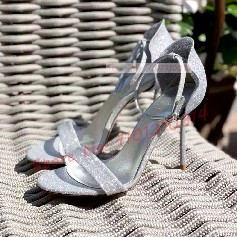 

Босоножки женские на высоком каблуке, серебристые сандалии с ремешком на щиколотке, блестящие туфли с металлическим каблуком, открытый носок, лето