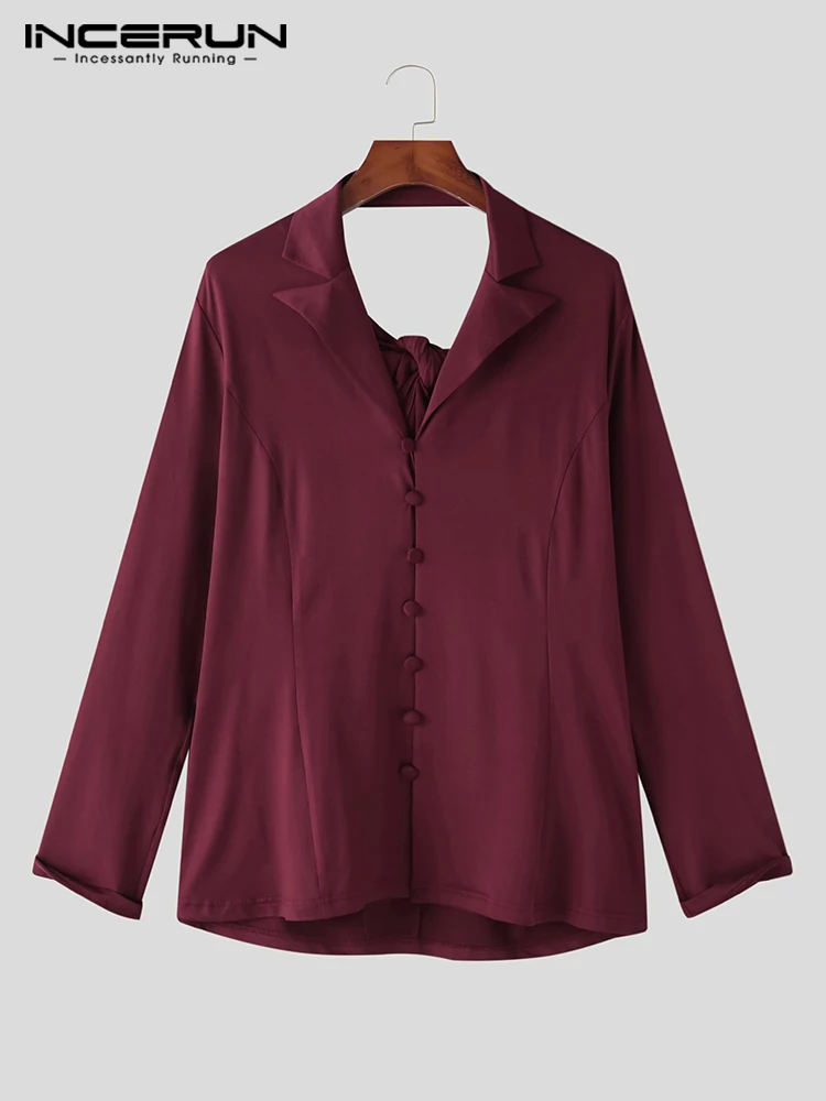 INCERUN Tops 2022 American Style New Men Hollow Collar Well Fitting Blouse Fashion Male Solid All-match Long Sleeve Shirts S-5XL