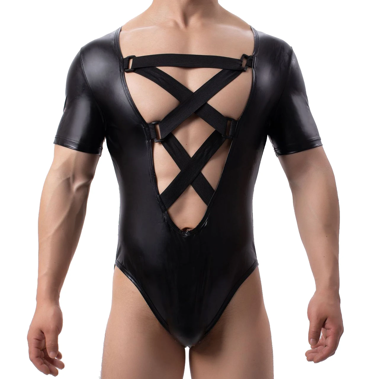 Sexy Men Faux Leather Front Cross Straps Bodysuit Underwear Nightclub Outfit Wrestling Singlet Tight Catsuit One-piece Jumpsuits