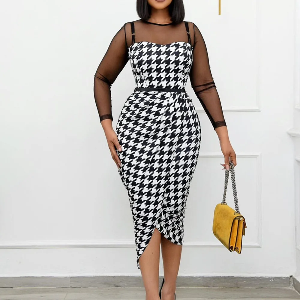 

Women Fashion Dress Western Style Plaid Patchwork Lace Patchwork Long Sleeve Round Neck Slim A-line Lady Dress For Spring Summer