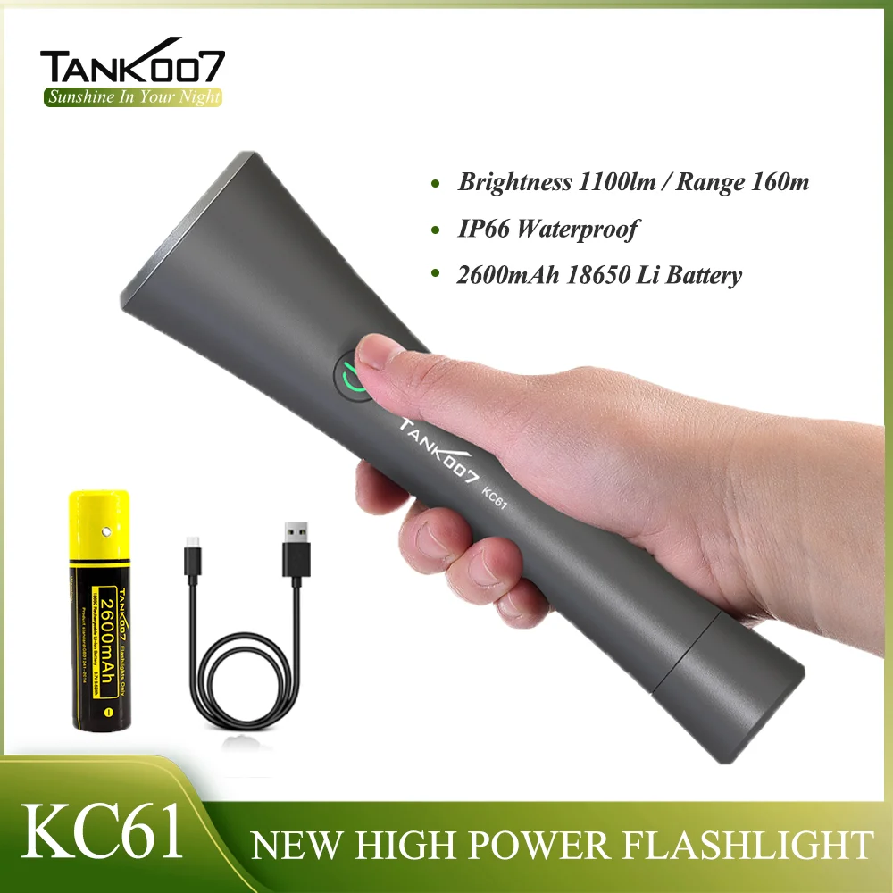 

TANK007 KC61 10W 1100LM 160M High Power LED Flashlight Outdoor Torch IP66 Waterproof 2600mAh Battery Rechargeable Flashlights