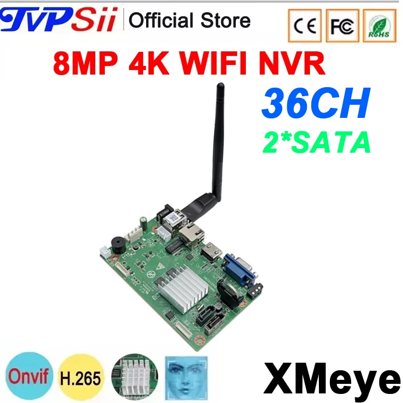 

TVPSii 36-канальный WiFi NVR 8MP 4K 2*SATA