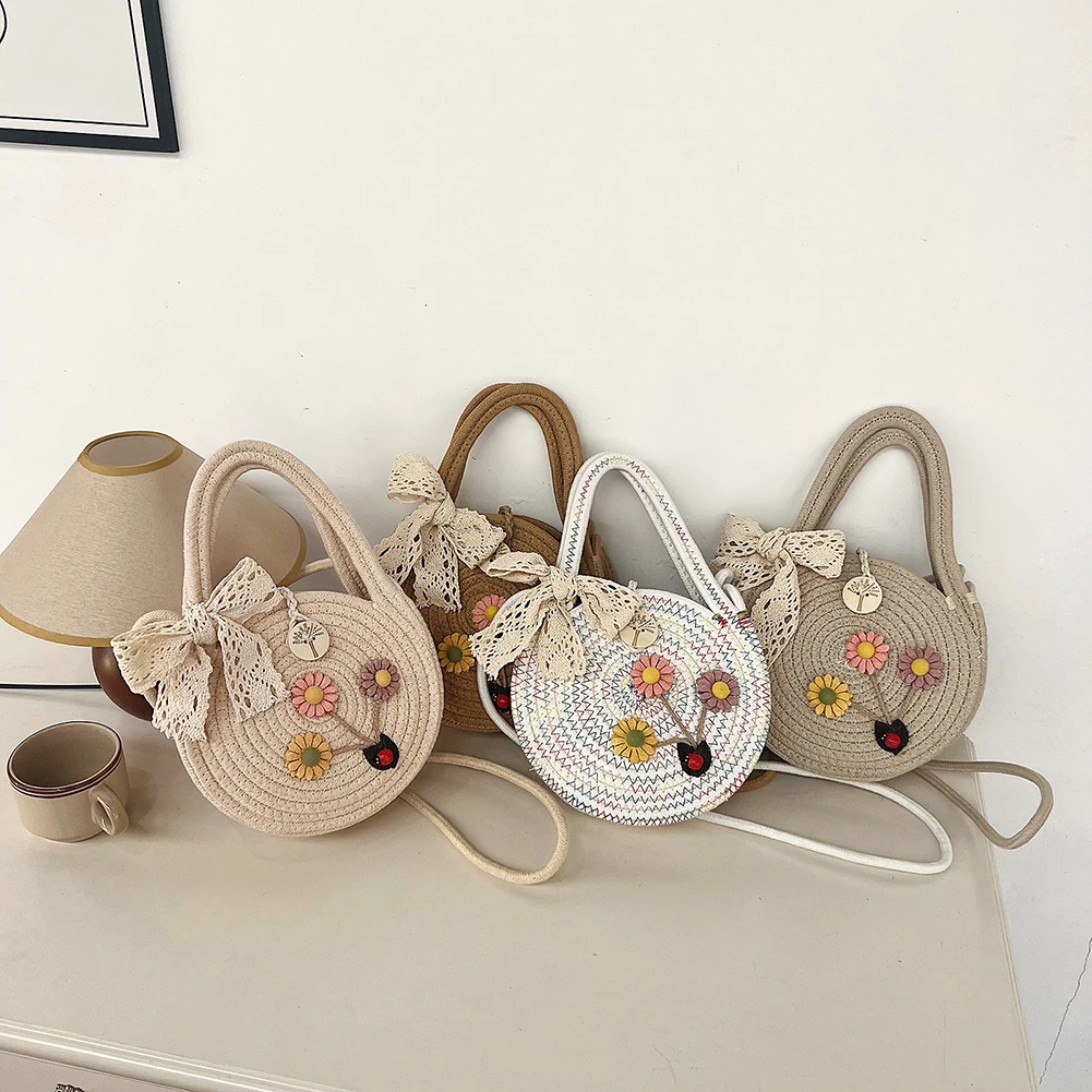 

Круглые плетеные сумки-мессенджеры с цветами, летняя женская круглая сумка на плечо, модная Милая Праздничная Повседневная вязаная сумка ручной работы с бантом
