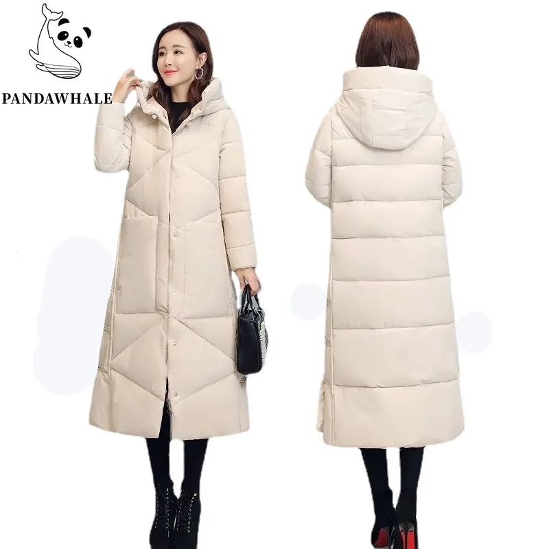 Winter Women Long Down Cotton Coat Thick Warm Hooded Solid Parkas Loose Casual Fashion Jacket Female Clothing Tops Big Pockets