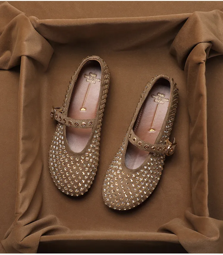 Фото Винтажные туфли SHOEBOX Mary Jane со стразами для женской летней коллекции, на плоской подошве, в стиле ретро, французские, с мягкой подошвой, одинарные. №3