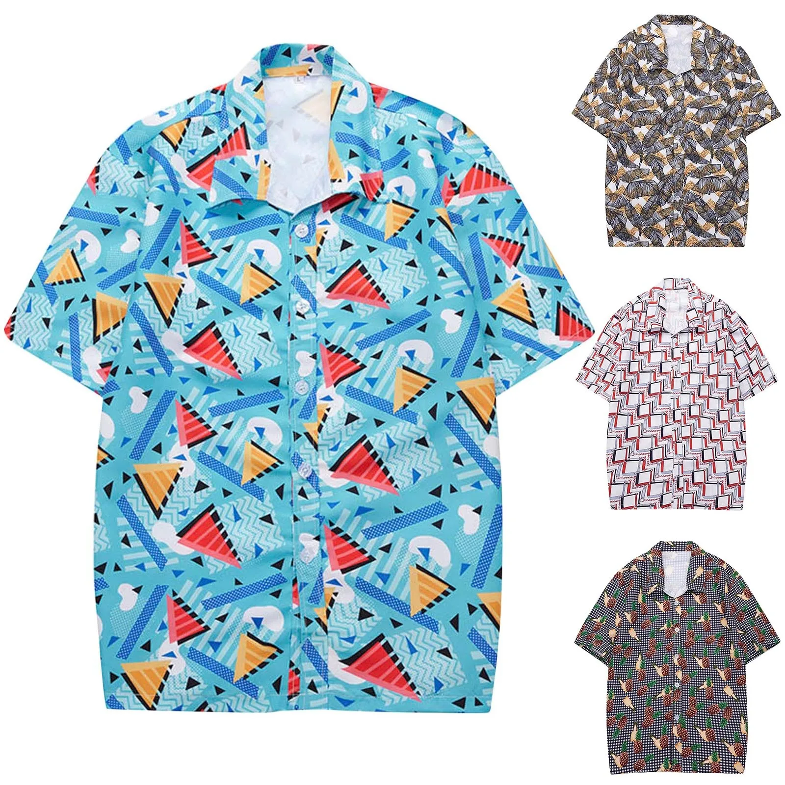 

Mens 3D Digital Printing Pocket Buckle Lapel Short Sleeve Shirt Pullovers Baggy