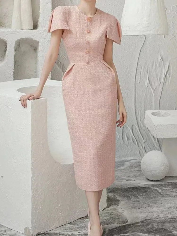 

Женское твидовое платье SMTHMA, розовое дизайнерское подиумное платье с бисером, с коротким рукавом, шерстяное вечерние, модель 2023 года