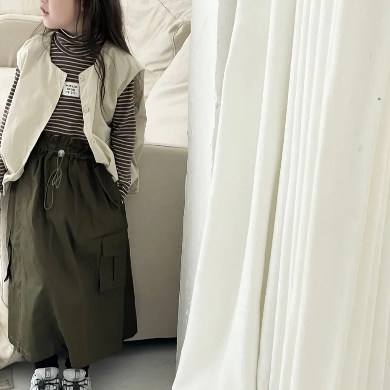 

Girls autumn vintage pocket long style skirt 2-7Years Kids all-match casual drawstring Skirts