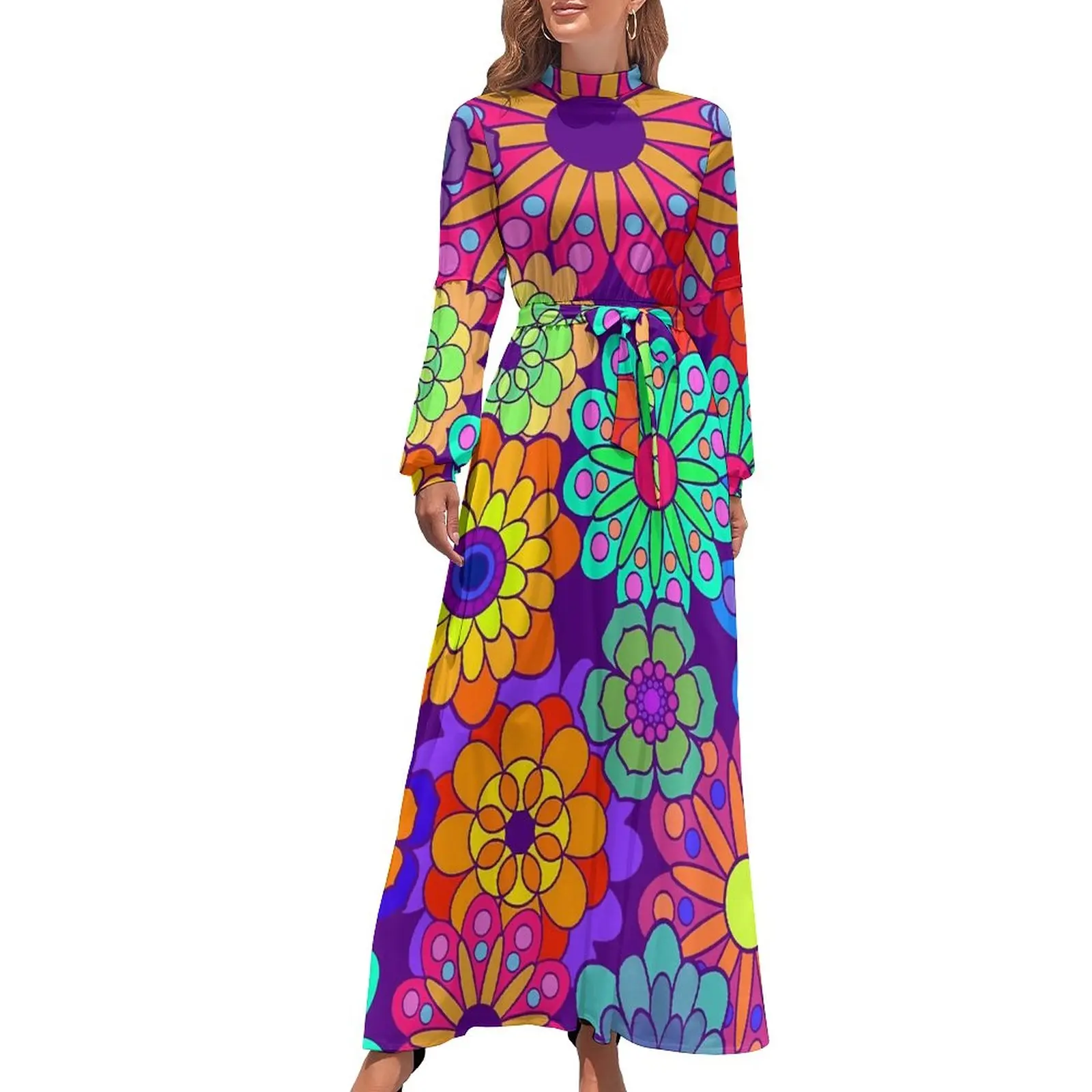 

Retro Flower Power Dress Long Sleeve Hippy Flowers Sexy Maxi Dress High Neck Street Fashion Custom Boho Beach Long Dresses Gift