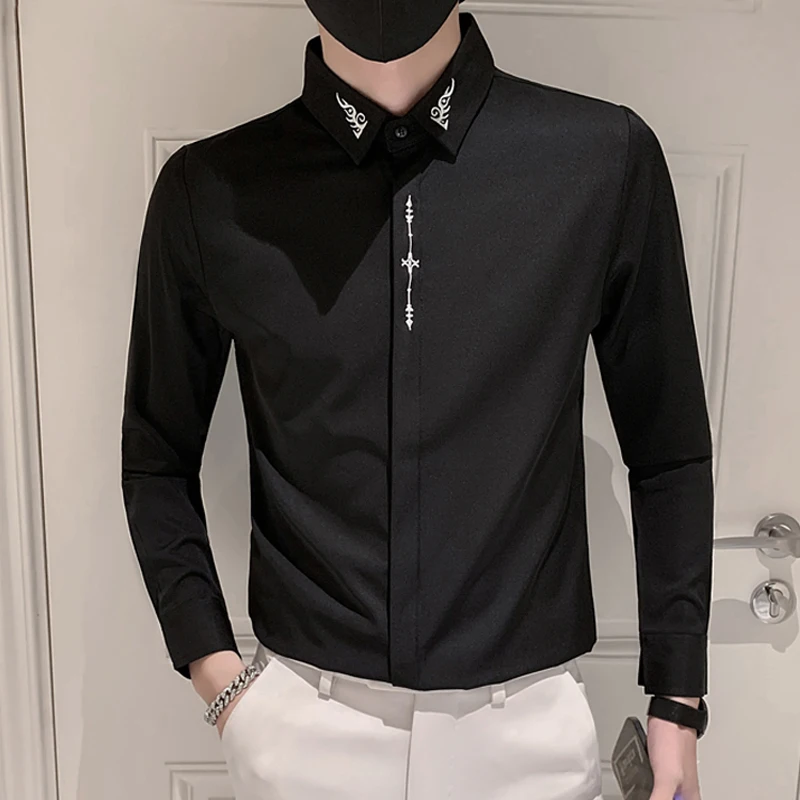 

Luxury Embroidery Dress Shirt Men High-end Men's Casual Long-sleeved Shirts Asian Size Party Stage Banquet Camisas De Hombre