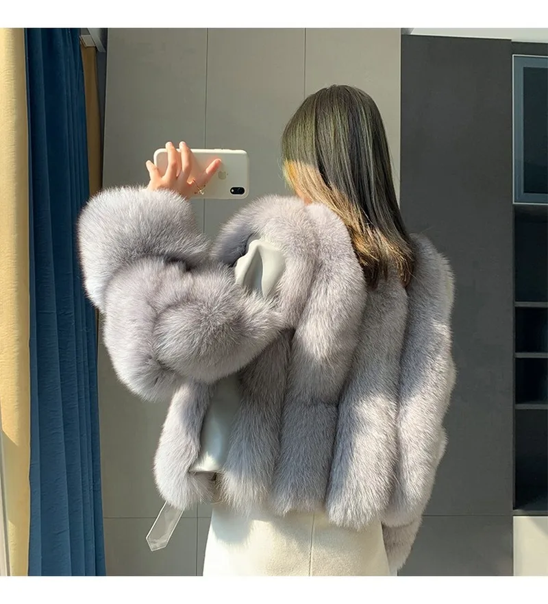 Women Winter Furry Faux Fur Overcoat Short High Quality Fake Fox Fur Coat Outwear Cropped Faux Fur and Leather Patchwork Jackets