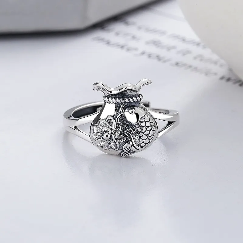 Модные регулируемые креативные кольца 800FJ ZFSILVER S925 в стиле ретро с сумкой на удачу