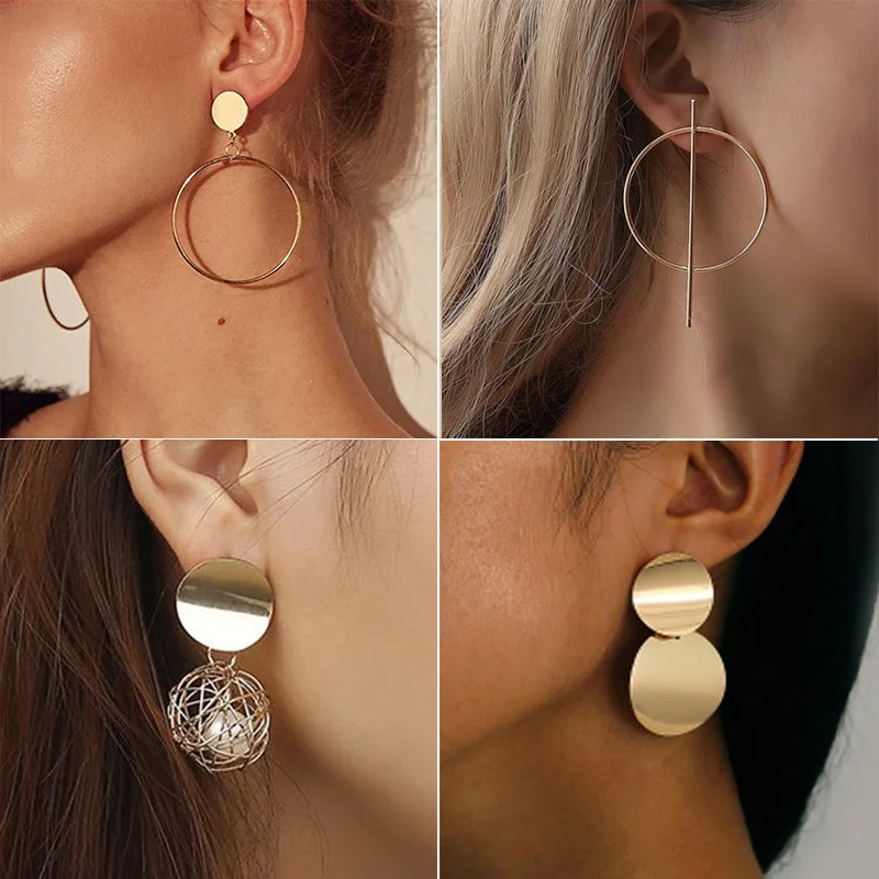 LATS New Fashion Round Dangle Korean Drop Earrings for Women Geometric Round Heart Gold Color Earring 2021 Trend Wedding Jewelry