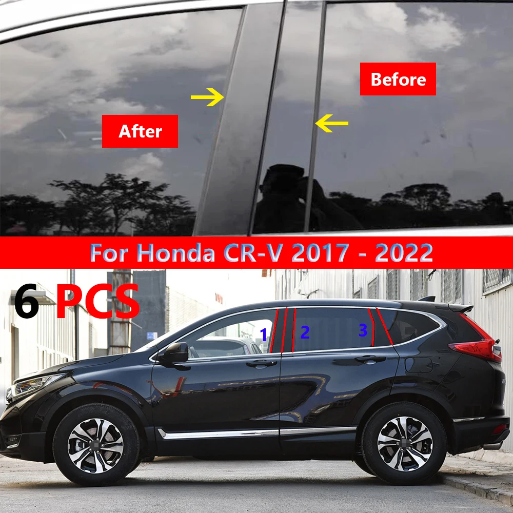 

New Hot 6Pcs Gloss Black Polished Pillar Posts For Honda CR-V CRV 2017-2022 Window Trim Cover BC Column Sticker