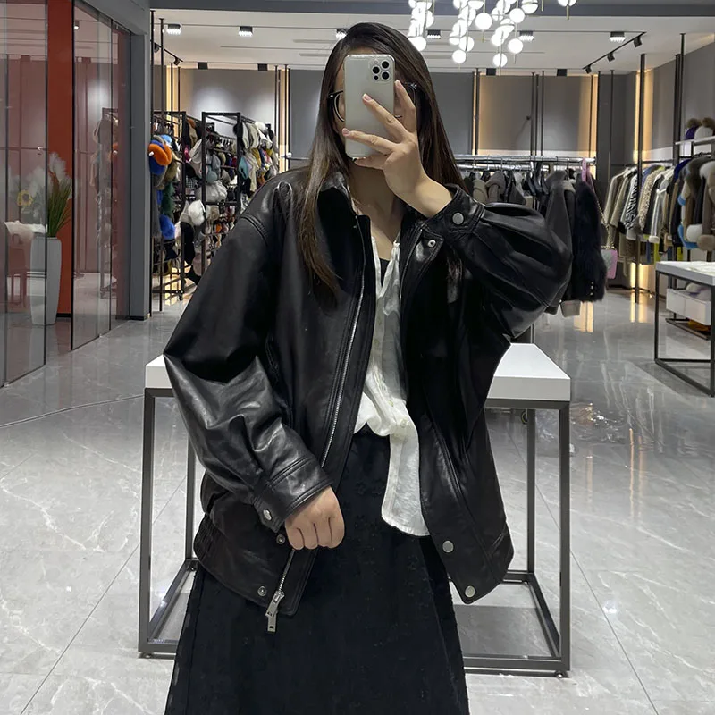 Женская кожаная куртка JANEFUR мотоциклетная из натуральной кожи с отложным