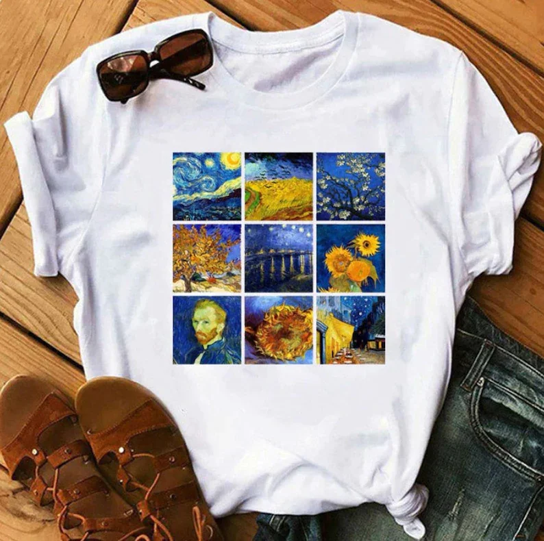 

Van Gogh Collage T shirt Starry Night Self portrait Sunflowers %100 Premium Cotton