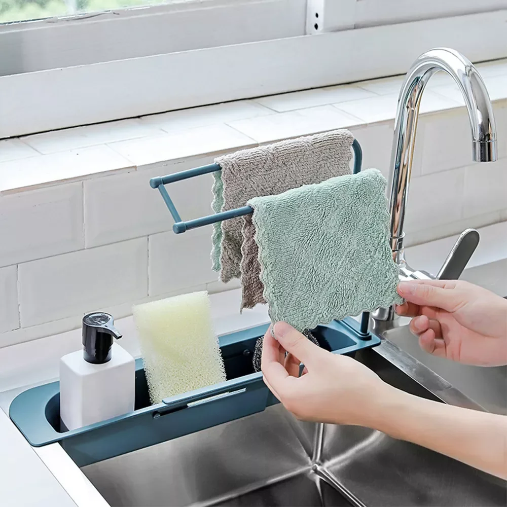 

1PCS Sink Shelf Telescopic Sink Drain Rack Soap Sponge Organizer Cloth Hanger Storage Basket Holder Rag Towel Bar Home Supplies